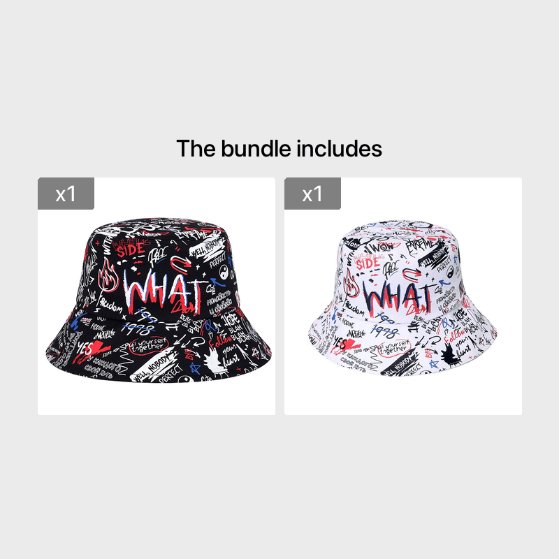 1 Men's "What" Graffiti-Style Bucket Hat - Streetwear Polyester, Hand-Washable, Black with Colorful Typography & Graphics, Perfect for Trendy Outfits