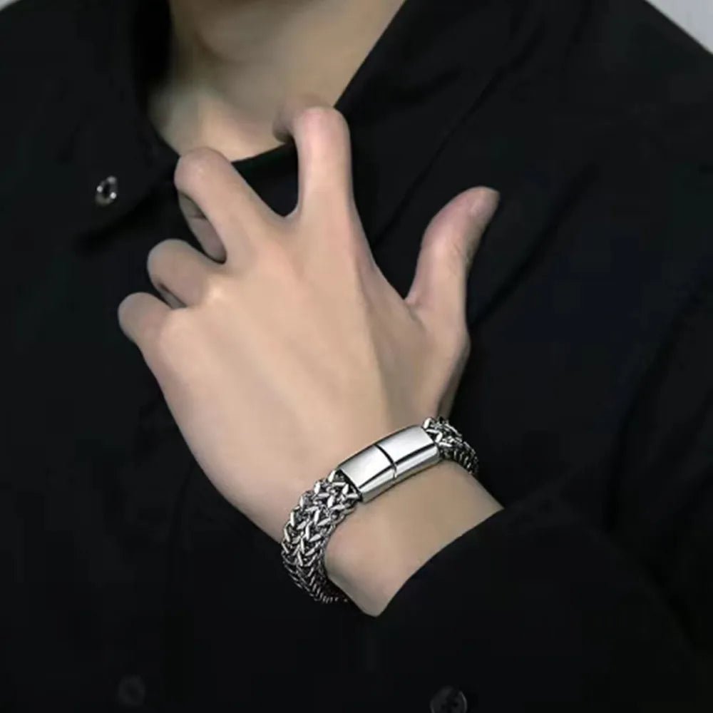 Bracelet tressé en acier inoxydable, Double rangée, écailles de poisson avant et arrière, boucle magnétique en alliage avec quille, bijoux, nouveau modèle - elite sn