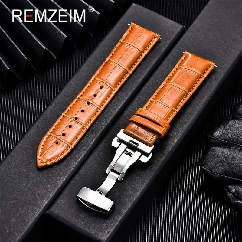 Bracelets de montre en cuir de veau véritable, remplacement d'affaires, 18mm, 20mm, 22mm, 24mm, avec boucle papillon - elite sn