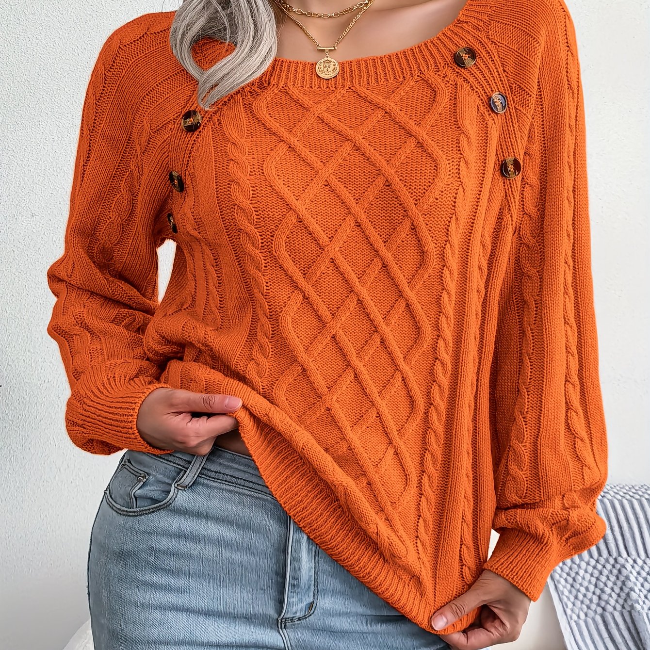 Women's Sweater Round Neck Texture Button Lantern Sleeve Sweater