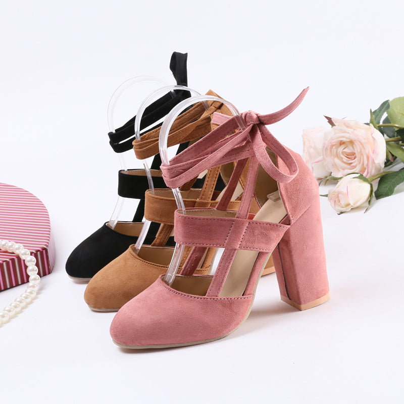 Women'S Elegant High Heel Sandals - Solid Color Fabric Upper, Round Toe, Lace-Up Ankle Strap, Block Heel, Rubber Sole, Man-Made Insole & Inner Material