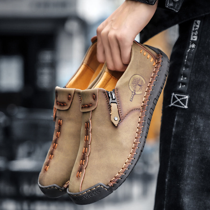 [Vintage Loafers] Brown & Black Men's Vintage Loafers | Handmade Synthetic Shoes with Zipper Closure, Round Toe & Rubber Sole for Casual & Formal Wear