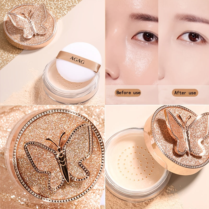 AGAG Butterfly-Themed Loose Powder - Lightweight, Oil-Control, Waterproof & Sweatproof Concealer - Invisible Pore Minimizing, Natural Finish for All Skin Types - Sparkling Rose Golden Container