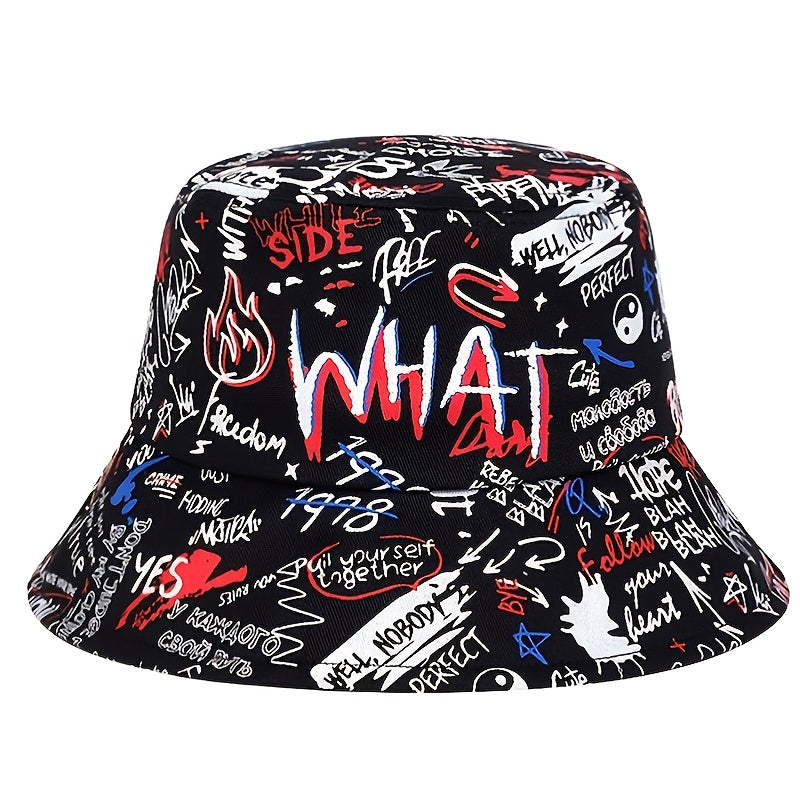 1 Men's "What" Graffiti-Style Bucket Hat - Streetwear Polyester, Hand-Washable, Black with Colorful Typography & Graphics, Perfect for Trendy Outfits