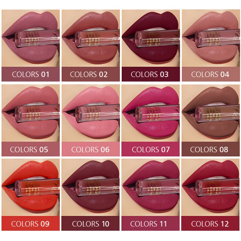 12 Colors Waterproof Long Lasting Lipstick, Natural Matte Sexy Moist Lip Gloss Nude Glitter Beauty Red Lip Tint for Valentine's Day Gifts and Music Festival