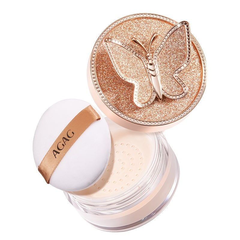 AGAG Butterfly-Themed Loose Powder - Lightweight, Oil-Control, Waterproof & Sweatproof Concealer - Invisible Pore Minimizing, Natural Finish for All Skin Types - Sparkling Rose Golden Container