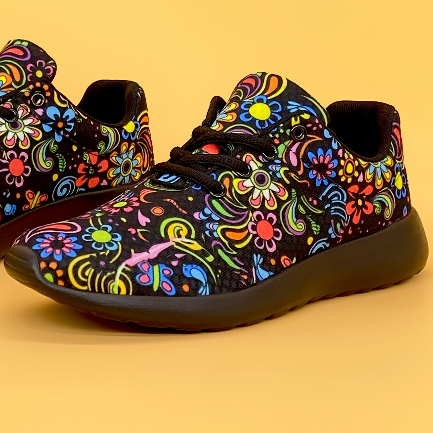 Women's Mexican Flower Pattern Lightweight Sneakers - Lace-Up Running Shoes, Casual & Stylish - Breathable Fabric & Rubber Sole - For Women - Suitable for Everyday Wear, Running & Casual Outings - Perfect Gift for Fashionable