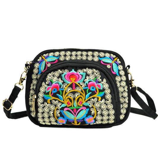Vibrant Floral Embroidered Crossbody Bag for Women - Lightweight, Double-Sided Design with Detachable Strap, Zipper Closure, and Phone Pocket - Perfect for Casual Outings, Travel Accessory | Vibrant Pattern Bag | Coin Purse