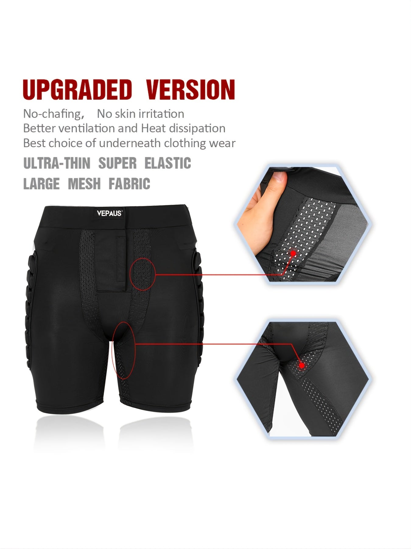 VEPAUS Breathable 3D Padded Shorts for Ice Hockey, Snowboarding, Gymnastics, Roller Skating - Moisture Wicking, Flexible, High Stretch Polyester Knit Fabric, Regular Fit, Four Seasons Sports Gear