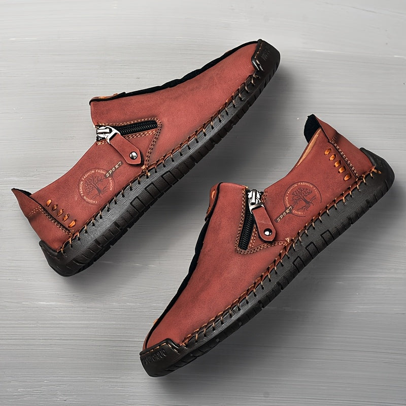 [Vintage Loafers] Brown & Black Men's Vintage Loafers | Handmade Synthetic Shoes with Zipper Closure, Round Toe & Rubber Sole for Casual & Formal Wear