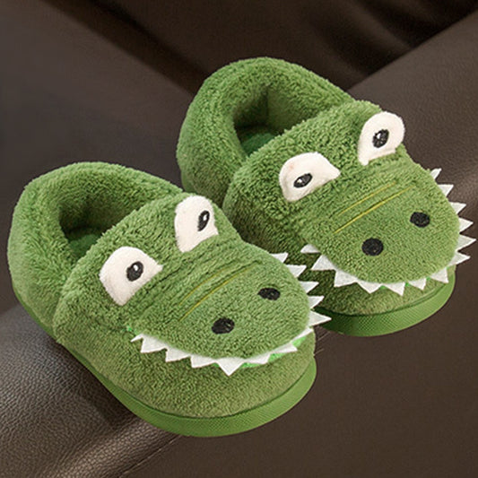 [Cute Dino Footwear] Dinosaur Slippers Boys' Plush TPR Sole Alligator/Crocodile Teeth - Warm Winter Indoor/Outdoor, Green & White Low-Top Easy Slip-On, Cute Dino Footwear for Bedtime & Play
