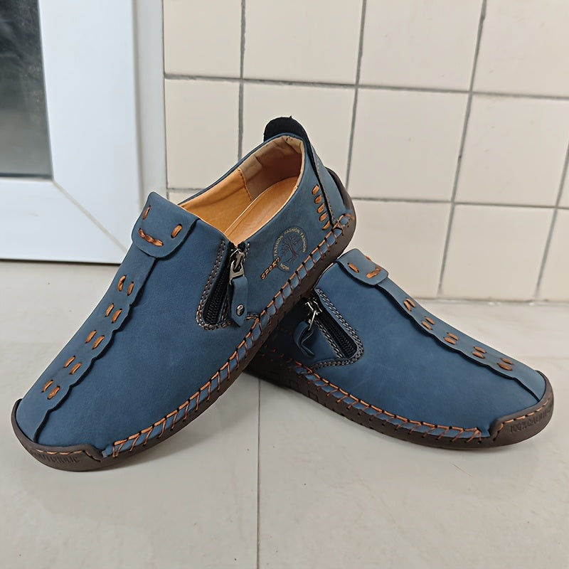 [Vintage Loafers] Brown & Black Men's Vintage Loafers | Handmade Synthetic Shoes with Zipper Closure, Round Toe & Rubber Sole for Casual & Formal Wear