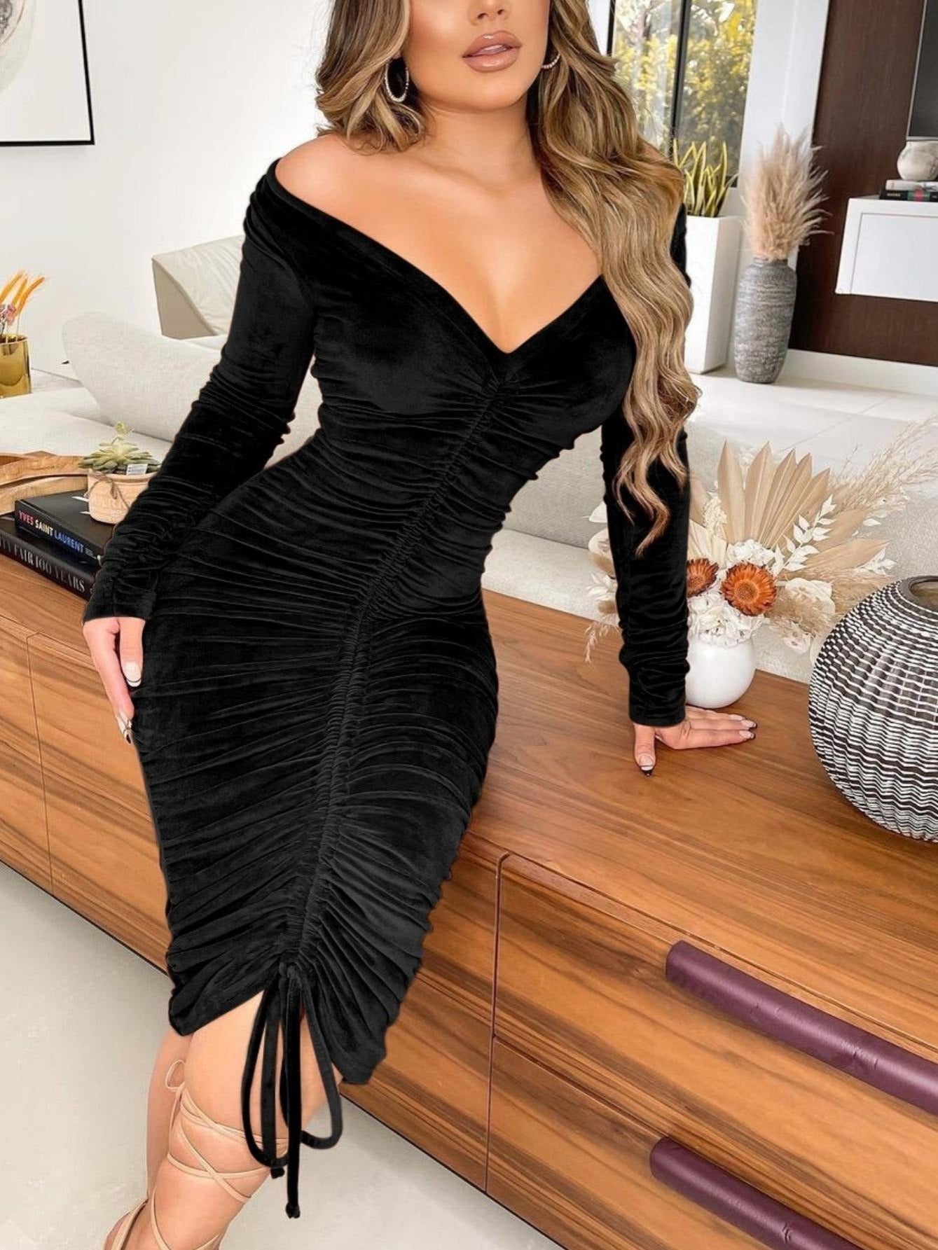 Women&#39;s Dresses V Neck Off The Shoulder Velvet Ruched Mid-length Dresses
