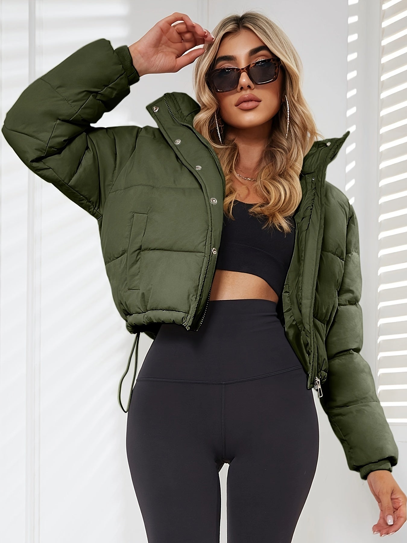 Women's Stylish Black Hooded Puffer Jacket - Casual Short Warm Outerwear with Drawstring Design, Long Sleeves, and Button-Up Front for Winter Comfort, Winter Jacket