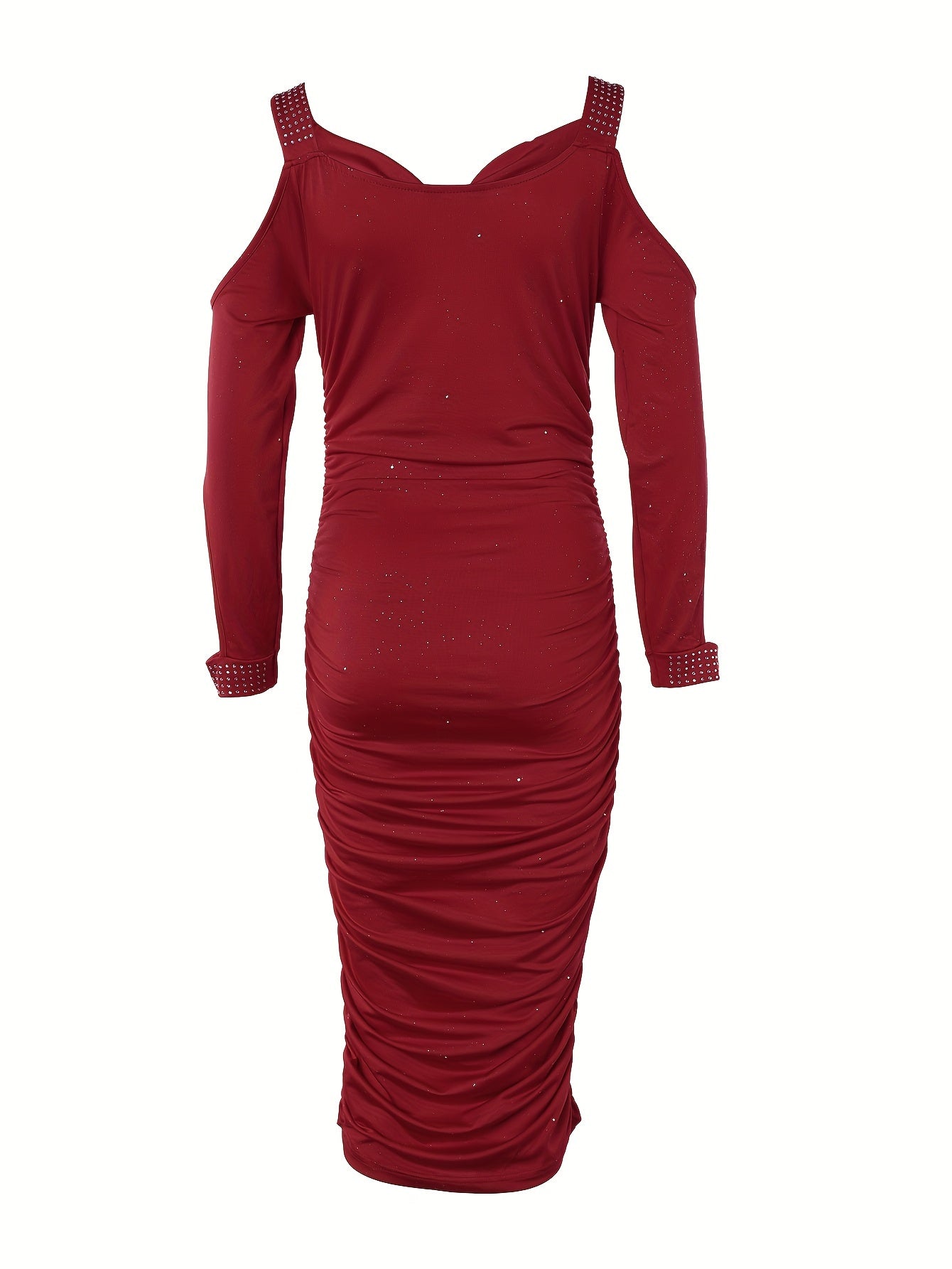 [Red Rhinestone Dress] Deep Red Sparkling Rhinestone Bodycon Dress | Stretchy Ruched Waist & Hip-Hugging Silhouette for Women, Spring/Autumn Party & Evening Wear, Glamorous Event Attire, Offshoulder Neckline, Strappy Detail,