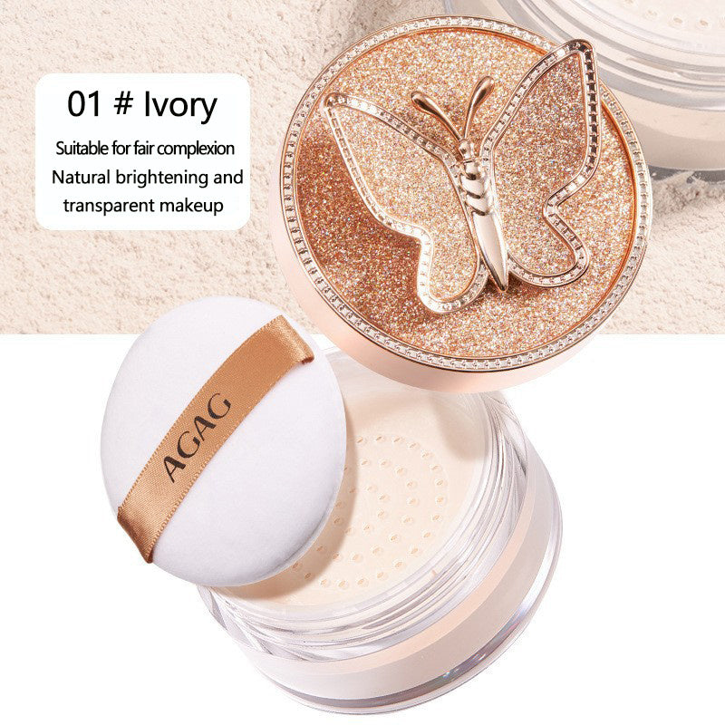 AGAG Butterfly-Themed Loose Powder - Lightweight, Oil-Control, Waterproof & Sweatproof Concealer - Invisible Pore Minimizing, Natural Finish for All Skin Types - Sparkling Rose Golden Container
