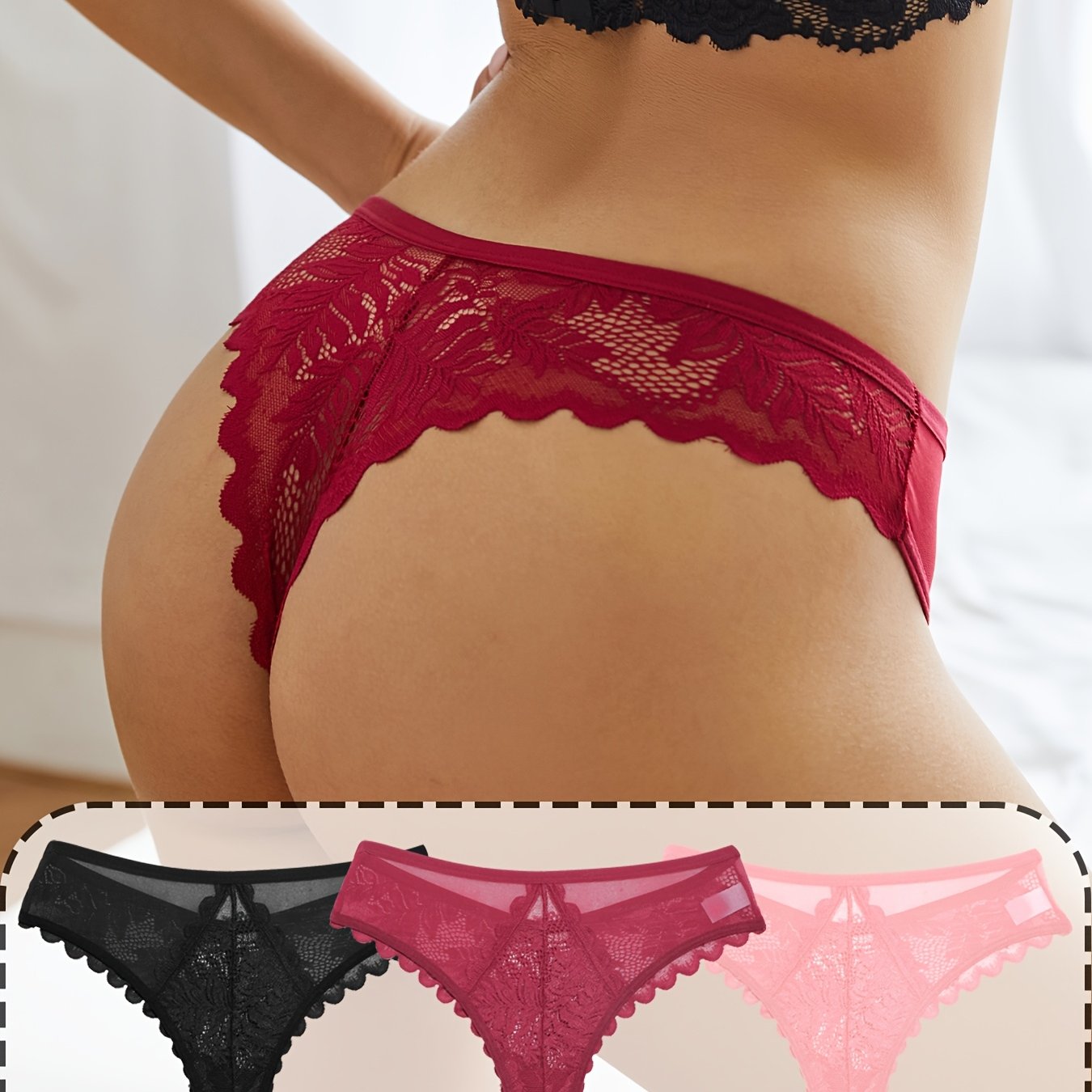 3 Pcs Sexy Lacy Trim Briefs, Breathable Semi-Sheer Thong, Women's Lingerie & Underwear