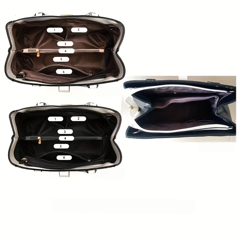 Women's Letter Detail Shoulder Bag, Elegant Double Handle Purse, Simple Large Handbag For Work