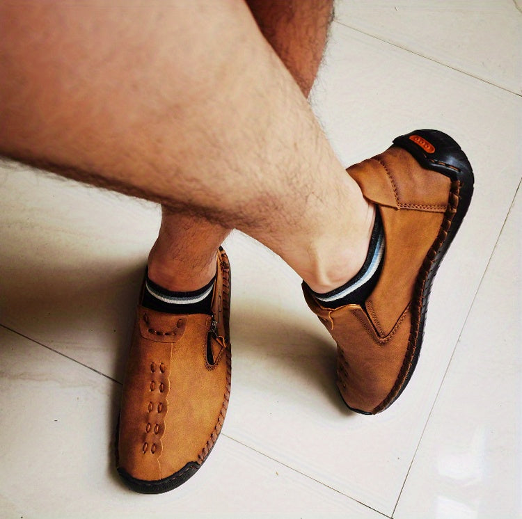 [Vintage Loafers] Brown & Black Men's Vintage Loafers | Handmade Synthetic Shoes with Zipper Closure, Round Toe & Rubber Sole for Casual & Formal Wear