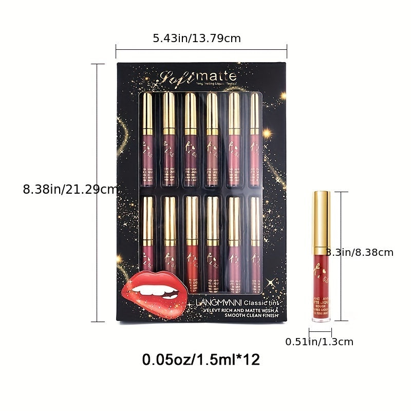 12 Colors Waterproof Long Lasting Lipstick, Natural Matte Sexy Moist Lip Gloss Nude Glitter Beauty Red Lip Tint for Valentine's Day Gifts and Music Festival