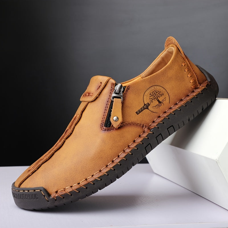 [Vintage Loafers] Brown & Black Men's Vintage Loafers | Handmade Synthetic Shoes with Zipper Closure, Round Toe & Rubber Sole for Casual & Formal Wear