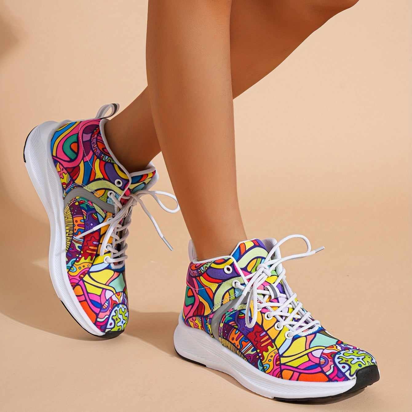 [Reflective Sneakers] Lightweight, Reflective Women's Hand-Painted Cartoon Print High-Top Sneakers | Lace-Up Casual Shoes with Soft Fabric Upper & EVA/Rubber Sole for North American & Mexican Fashion - Winter-Ready