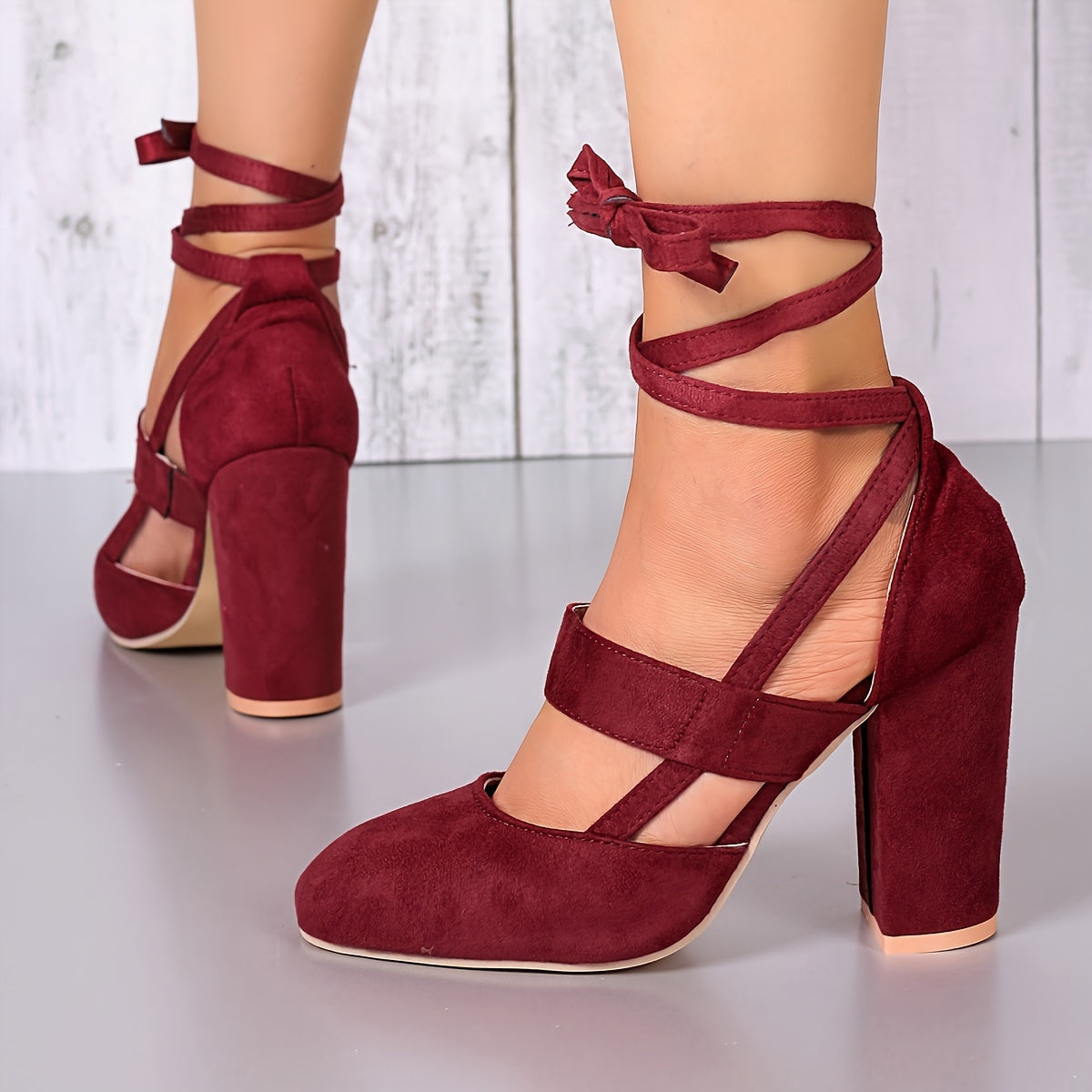 Women'S Elegant High Heel Sandals - Solid Color Fabric Upper, Round Toe, Lace-Up Ankle Strap, Block Heel, Rubber Sole, Man-Made Insole & Inner Material