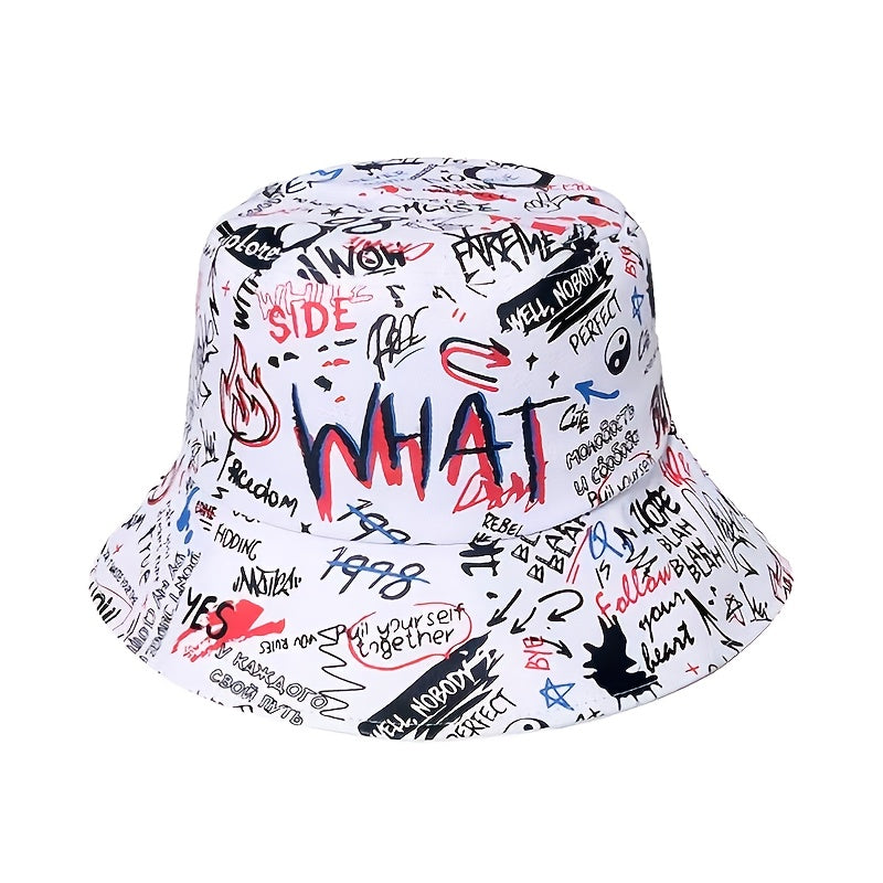 1 Men's "What" Graffiti-Style Bucket Hat - Streetwear Polyester, Hand-Washable, Black with Colorful Typography & Graphics, Perfect for Trendy Outfits