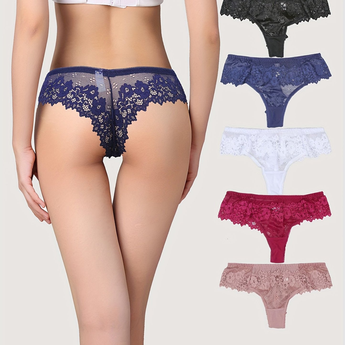 5pcs Brazilian Style Women's Low-Rise Bikini Underwear - Sheer Lace & Mesh Hipster Panty, Breathable Transparent Lingerie with High- (Bulk Reducing) - Brazilian Bikini for Swim & Casual Attire 5pcs/LOT - Bulk Reducing Low