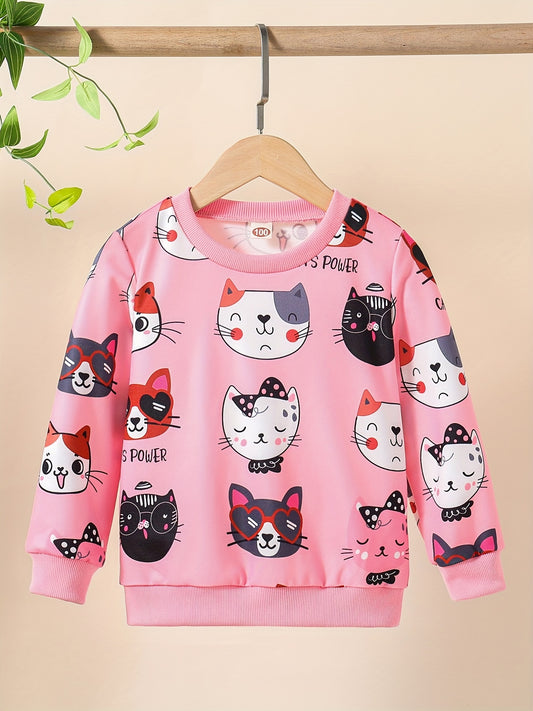 Girls' Cute Cat Print Sweatshirt - Pastel Pink with & Cat Design, Soft Round Neck Long Sleeve Top for Everyday & Special Occasions