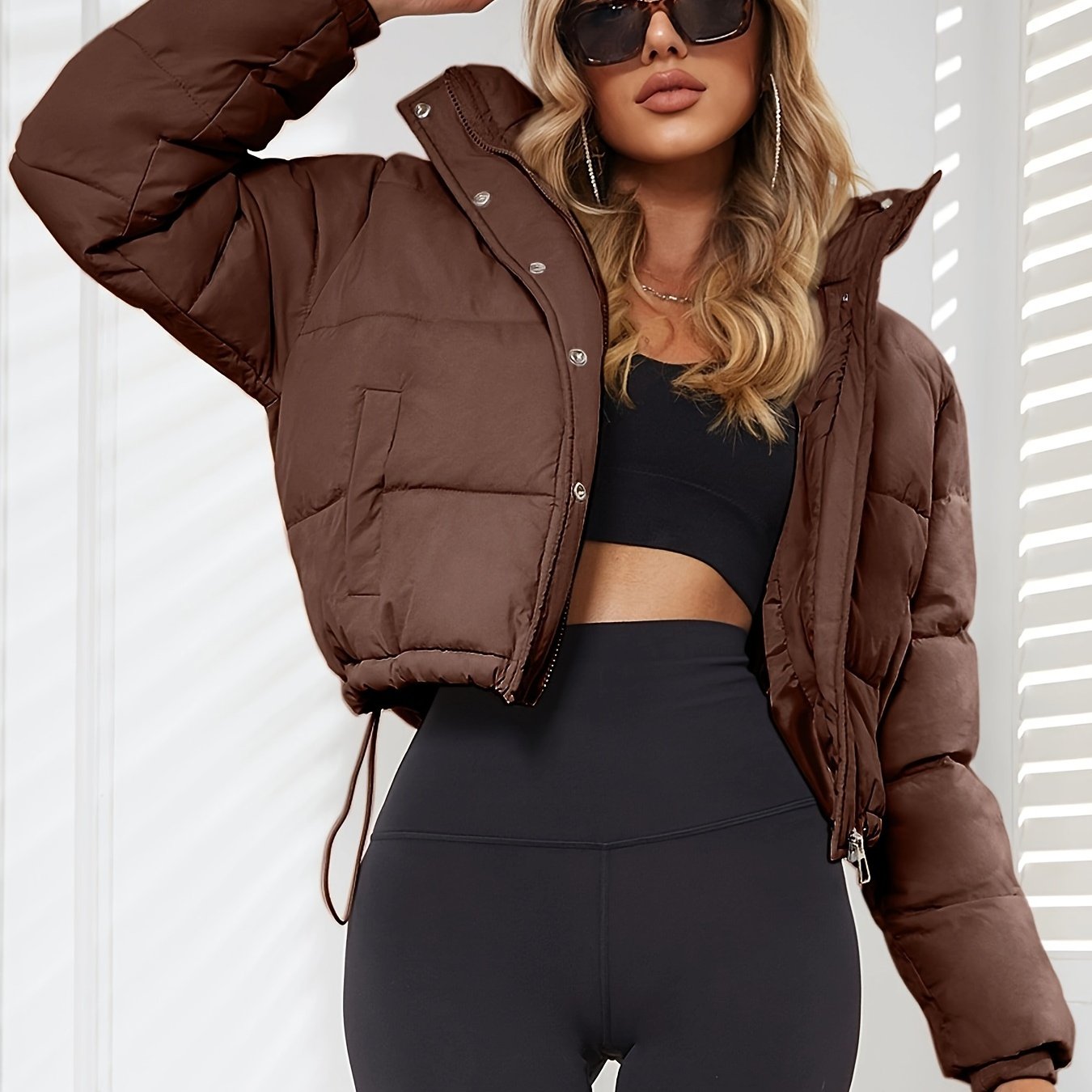 Women's Stylish Black Hooded Puffer Jacket - Casual Short Warm Outerwear with Drawstring Design, Long Sleeves, and Button-Up Front for Winter Comfort, Winter Jacket