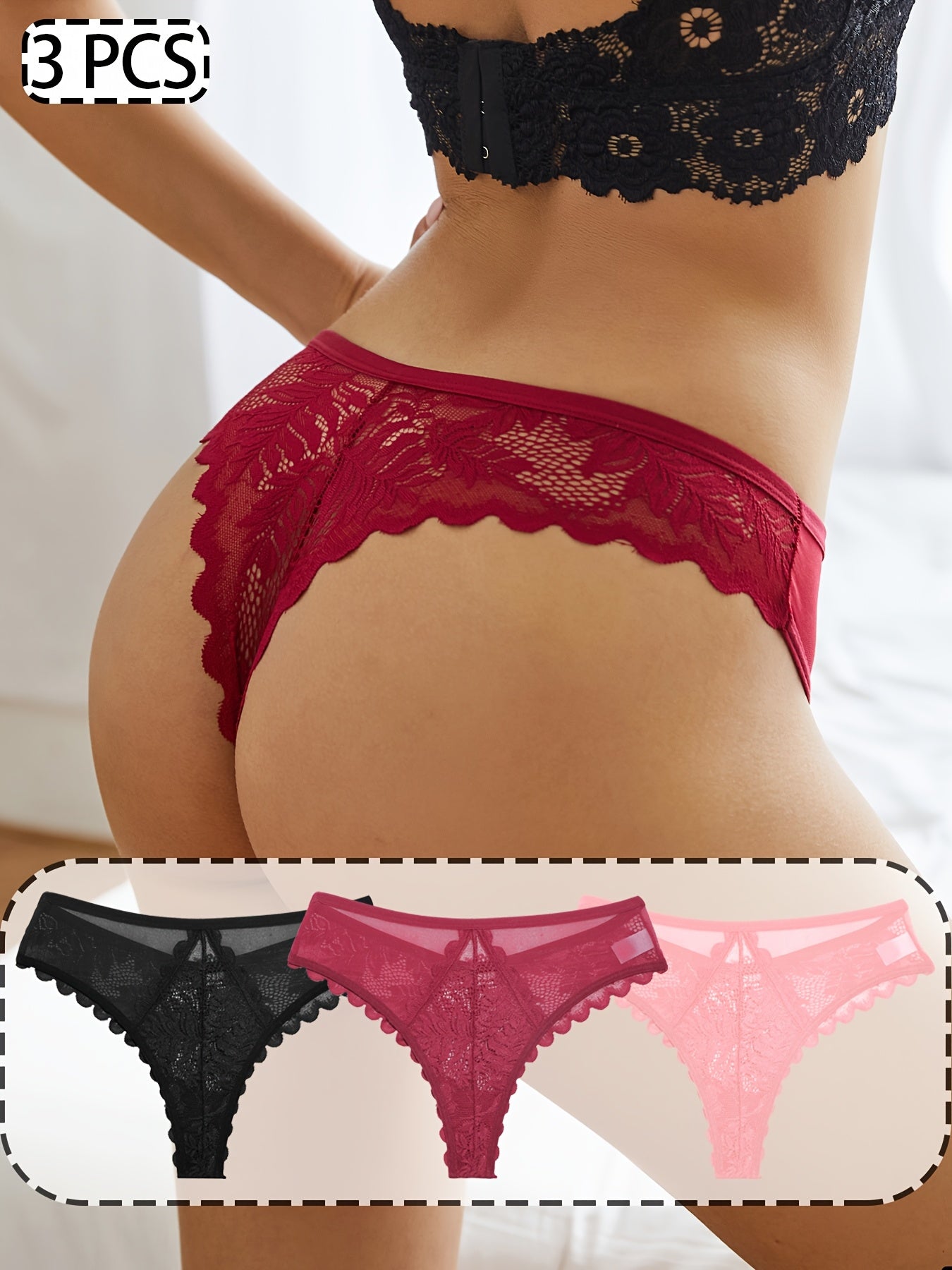 3 Pcs Sexy Lacy Trim Briefs, Breathable Semi-Sheer Thong, Women's Lingerie & Underwear