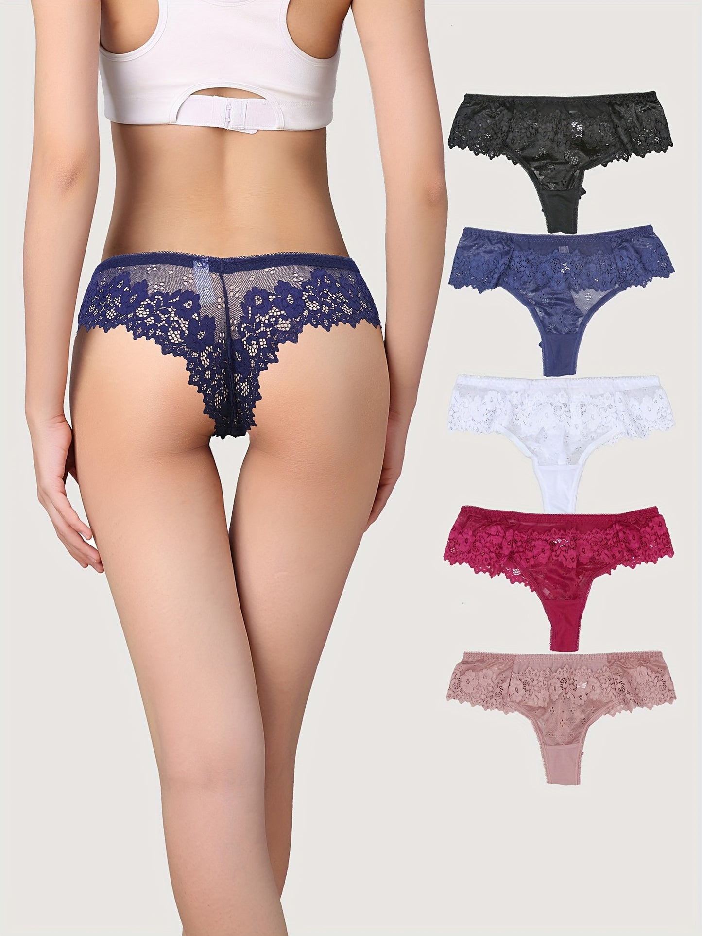 5pcs Brazilian Style Women's Low-Rise Bikini Underwear - Sheer Lace & Mesh Hipster Panty, Breathable Transparent Lingerie with High- (Bulk Reducing) - Brazilian Bikini for Swim & Casual Attire 5pcs/LOT - Bulk Reducing Low