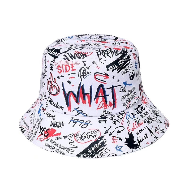 1 Men's "What" Graffiti-Style Bucket Hat - Streetwear Polyester, Hand-Washable, Black with Colorful Typography & Graphics, Perfect for Trendy Outfits