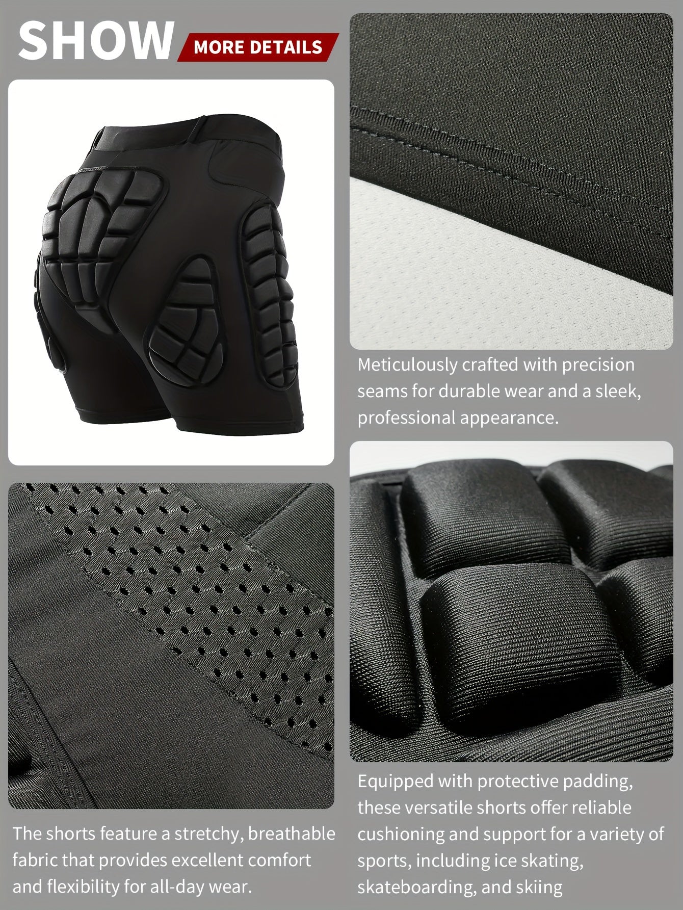 VEPAUS Breathable 3D Padded Shorts for Ice Hockey, Snowboarding, Gymnastics, Roller Skating - Moisture Wicking, Flexible, High Stretch Polyester Knit Fabric, Regular Fit, Four Seasons Sports Gear