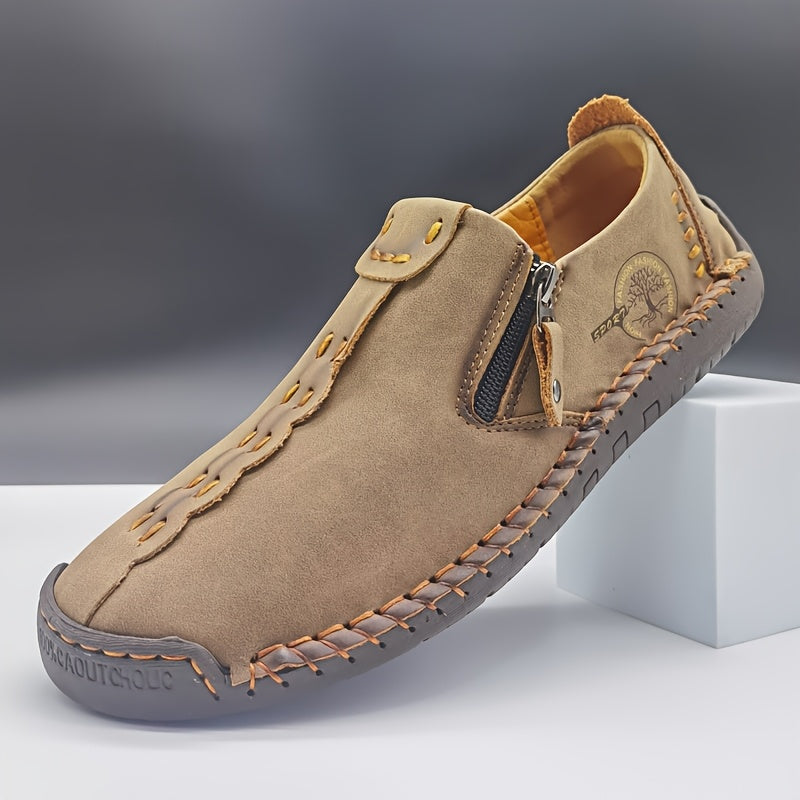 [Vintage Loafers] Brown & Black Men's Vintage Loafers | Handmade Synthetic Shoes with Zipper Closure, Round Toe & Rubber Sole for Casual & Formal Wear