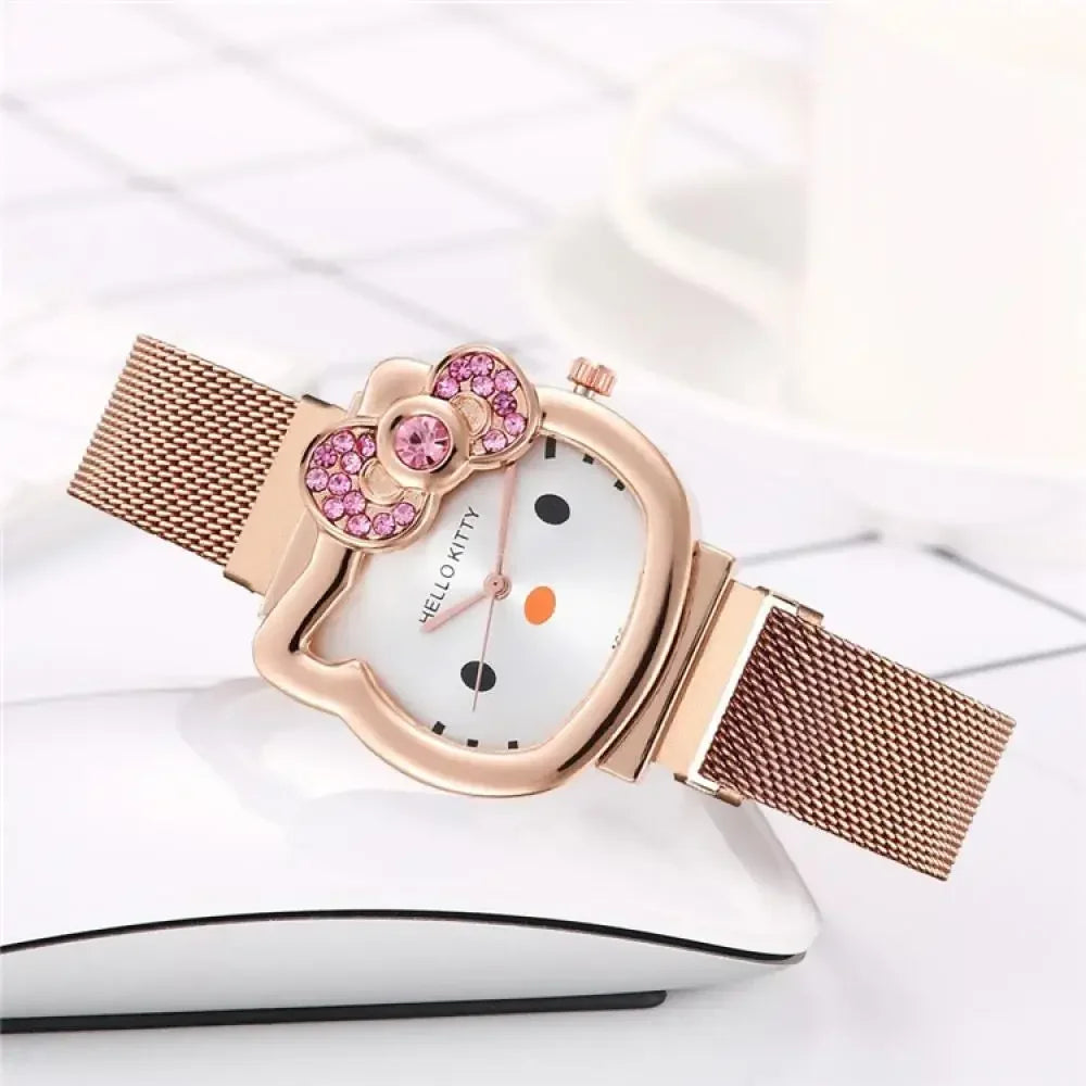 Hello Kitty Bow diamant montre Sanrio Anime montres à Quartz à la mode mignon dessin animé aimant montres filles cadeaux d'anniversaire