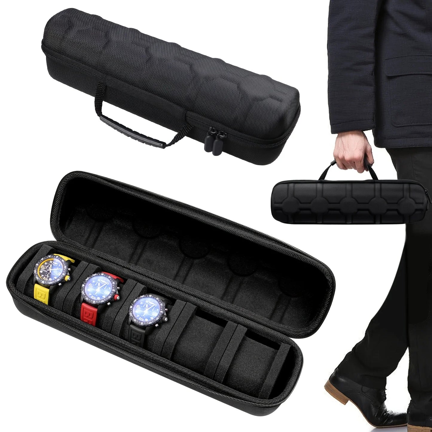1 boîtier de montre à 5 emplacements |   Organisateur de voyage à coque rigide avec insert d'oreiller - Prêt cadeau (noir), adapté au rangement de montres intelligentes