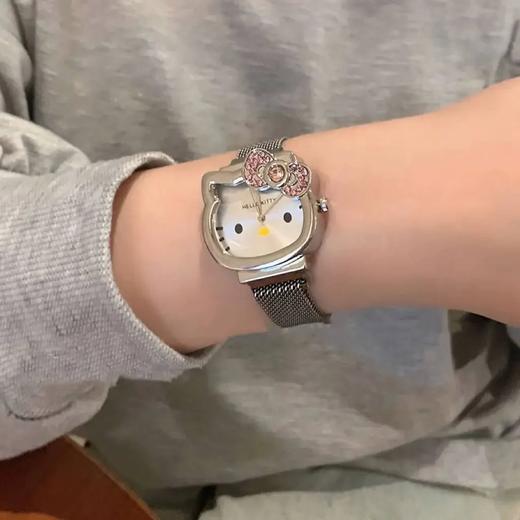 Hello Kitty Bow diamant montre Sanrio Anime montres à Quartz à la mode mignon dessin animé aimant montres filles cadeaux d'anniversaire