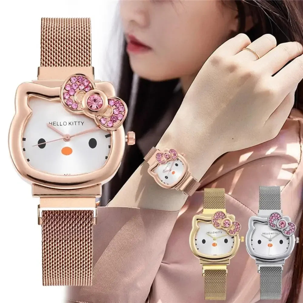 Hello Kitty Bow diamant montre Sanrio Anime montres à Quartz à la mode mignon dessin animé aimant montres filles cadeaux d'anniversaire