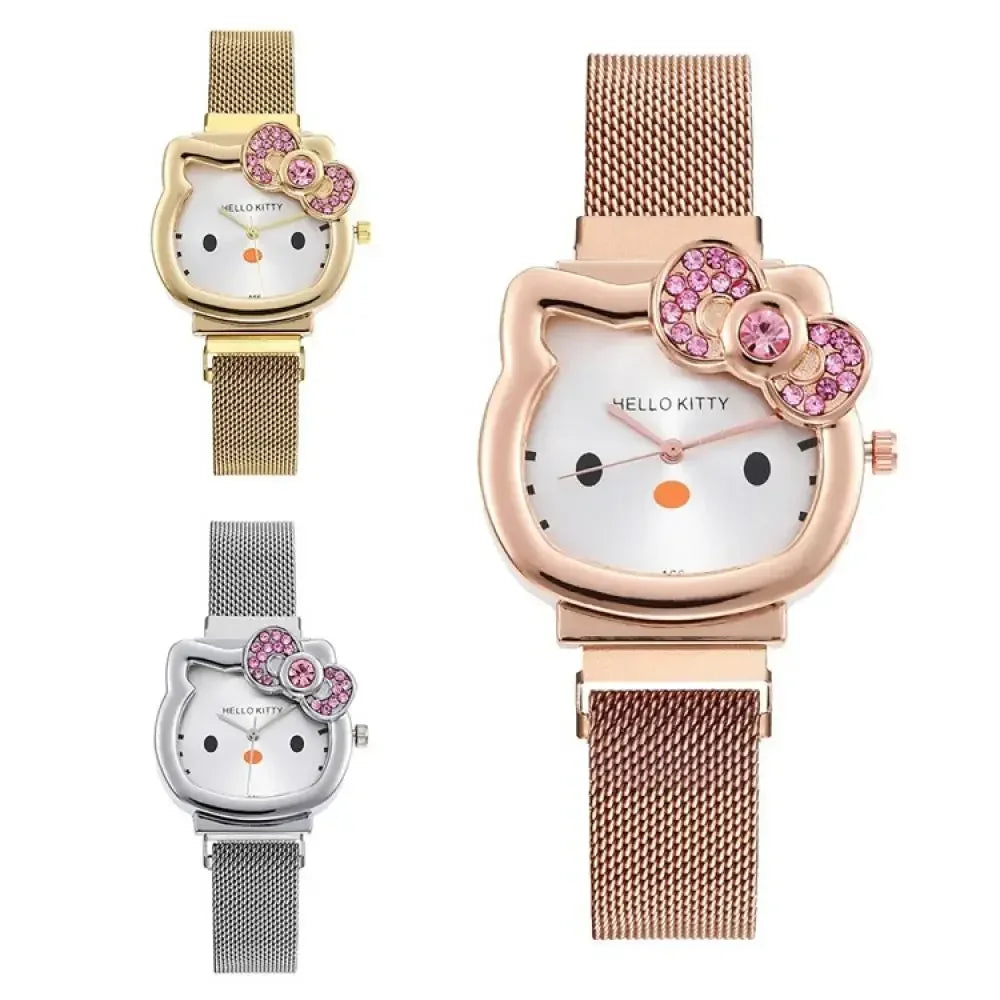 Hello Kitty Bow diamant montre Sanrio Anime montres à Quartz à la mode mignon dessin animé aimant montres filles cadeaux d'anniversaire