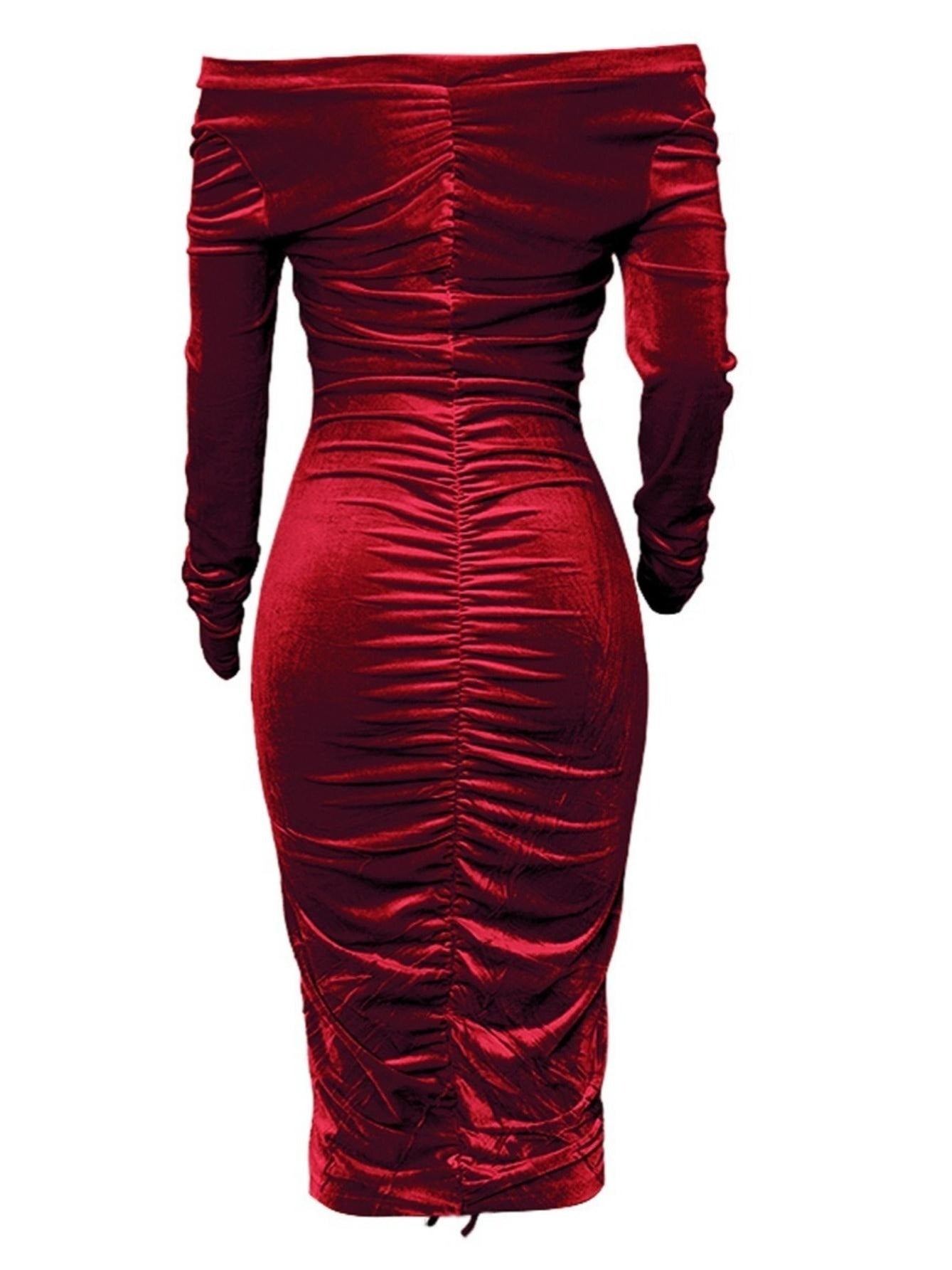 Women&#39;s Dresses V Neck Off The Shoulder Velvet Ruched Mid-length Dresses