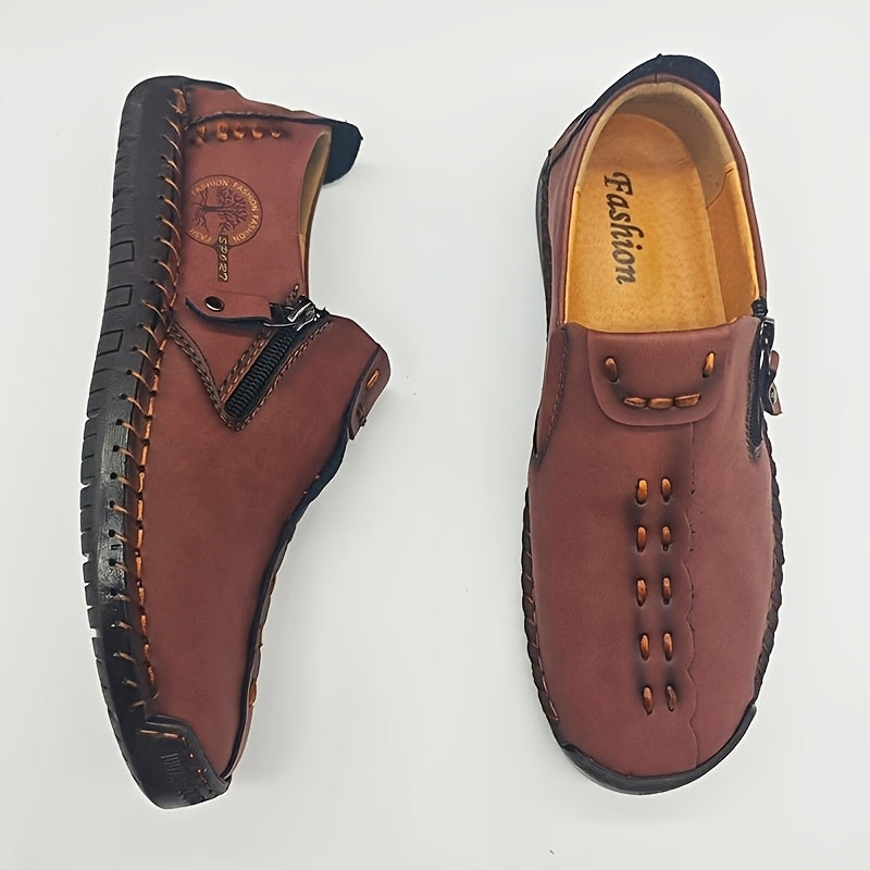 [Vintage Loafers] Brown & Black Men's Vintage Loafers | Handmade Synthetic Shoes with Zipper Closure, Round Toe & Rubber Sole for Casual & Formal Wear