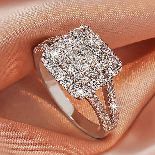 [Large Multi Row Rings] White Synthetic Zirconia Large Multi Row Rings | Stylish Couples Jewelry, Wedding Gifts, Holiday Accessories, Elegant Plated Luxury Statement Rings