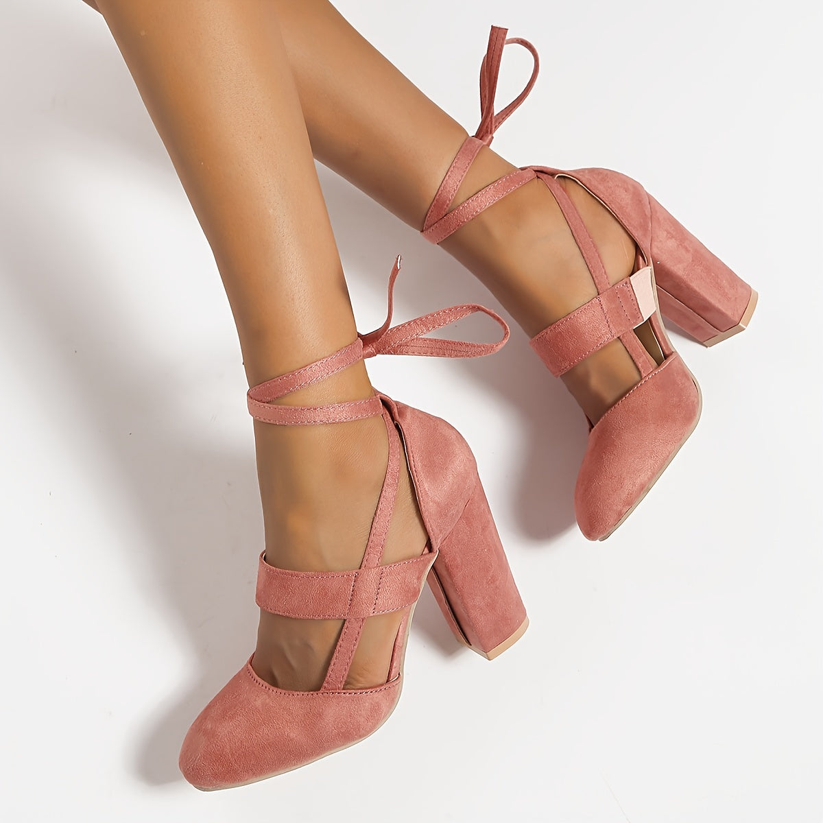 Women'S Elegant High Heel Sandals - Solid Color Fabric Upper, Round Toe, Lace-Up Ankle Strap, Block Heel, Rubber Sole, Man-Made Insole & Inner Material