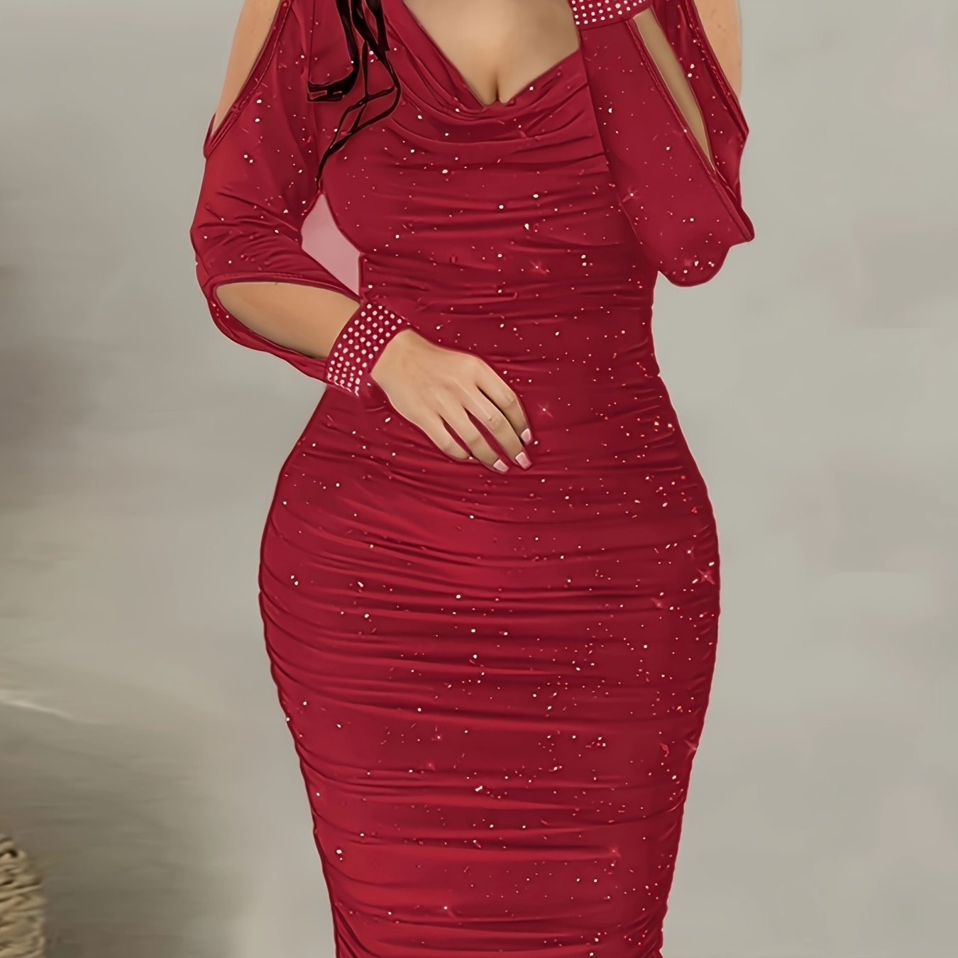 [Red Rhinestone Dress] Deep Red Sparkling Rhinestone Bodycon Dress | Stretchy Ruched Waist & Hip-Hugging Silhouette for Women, Spring/Autumn Party & Evening Wear, Glamorous Event Attire, Offshoulder Neckline, Strappy Detail,