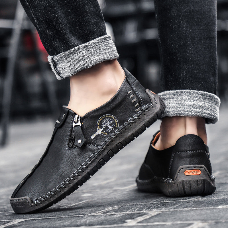 [Vintage Loafers] Brown & Black Men's Vintage Loafers | Handmade Synthetic Shoes with Zipper Closure, Round Toe & Rubber Sole for Casual & Formal Wear