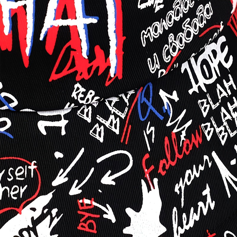1 Men's "What" Graffiti-Style Bucket Hat - Streetwear Polyester, Hand-Washable, Black with Colorful Typography & Graphics, Perfect for Trendy Outfits