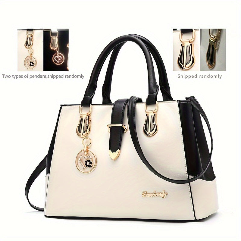 Women's Letter Detail Shoulder Bag, Elegant Double Handle Purse, Simple Large Handbag For Work