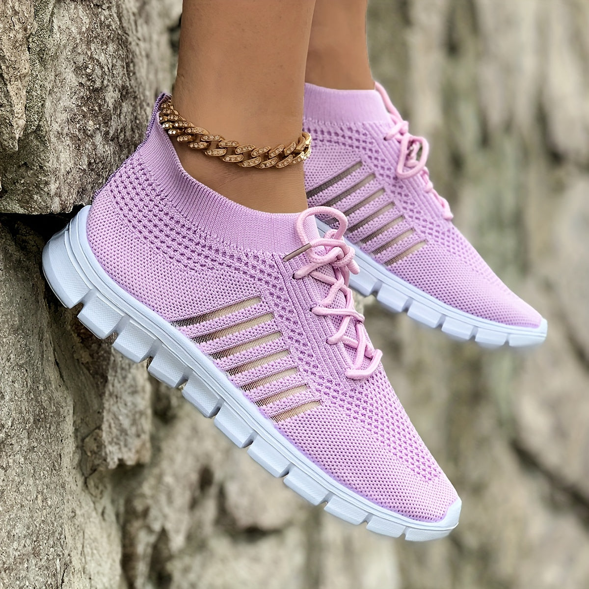 Women's Lightweight Knit Sneakers, Breathable Low-Top Lace-Up Casual Running Footwear, Fabric Upper and PU Cover Sole, Vibrant Color Sneakers, Versatile Running Shoes